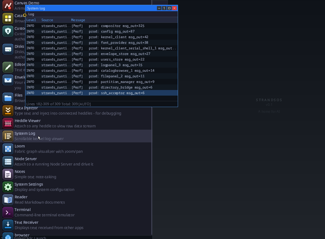 The StrandsOS desktop with the app catalogue and a system log window